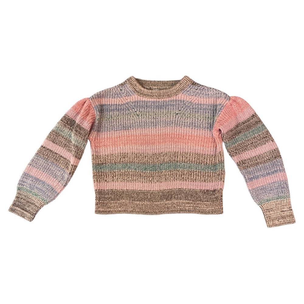 GAP Shaker-Stitch Puff-Sleeve Sweater Multi Large Colorful Ribbed Knit Crewneck